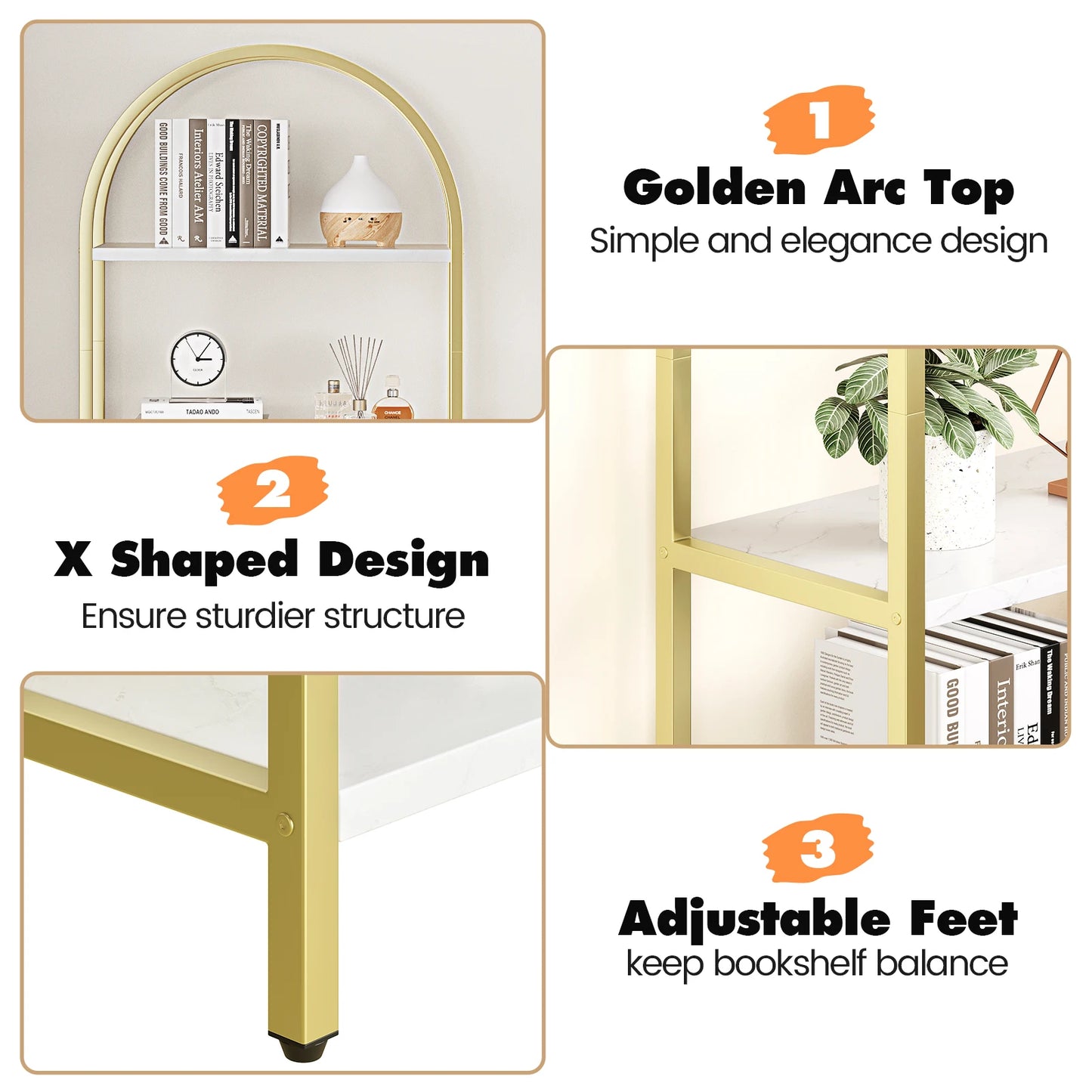 HiMISS Arched Metal Frame Bookshelf Wooden Bookcase