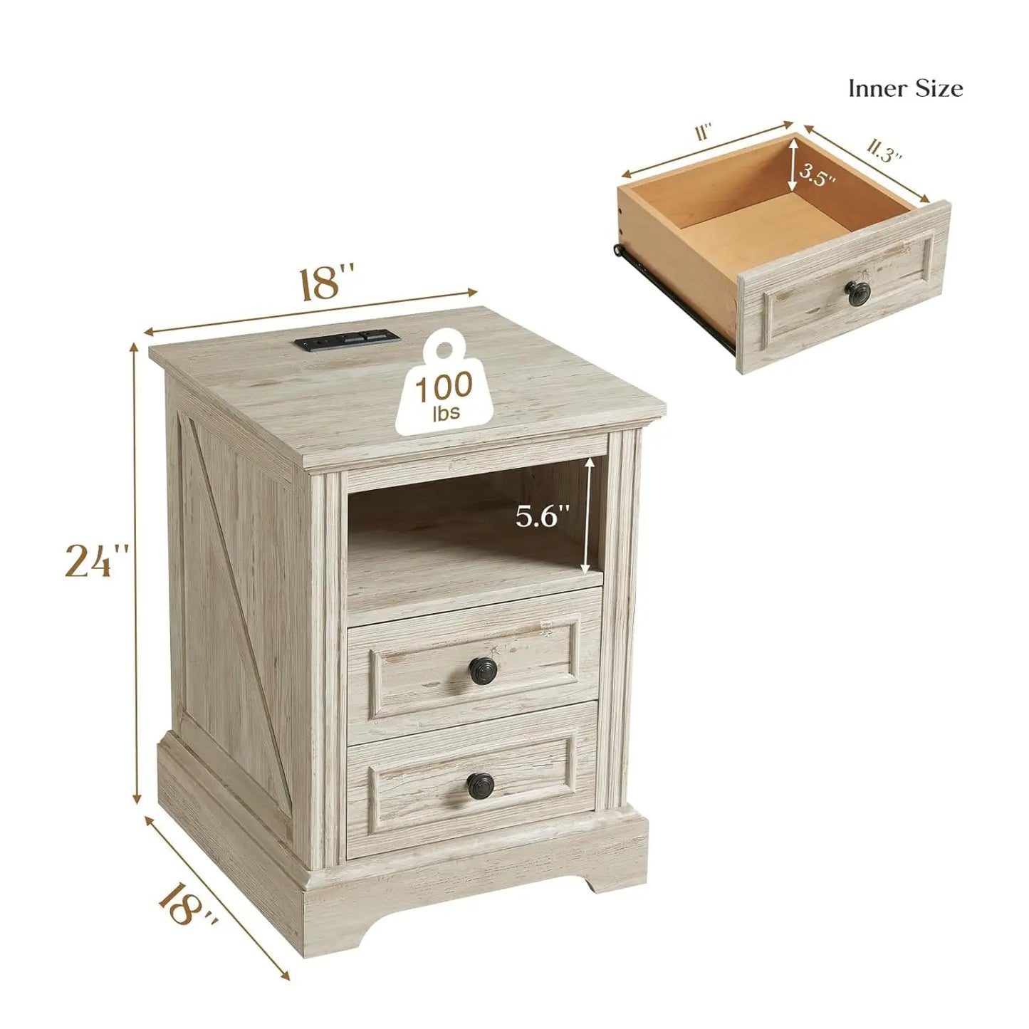 HUANZHUANG Nightstand Set of 2 With Charging Station