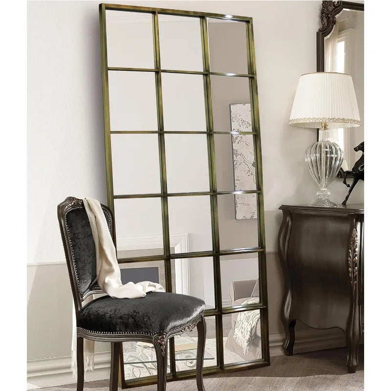 Metal Gold Vintage Windowpane Wall Mirror Large Rectangular