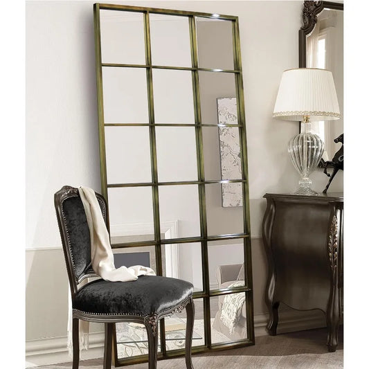 Metal Gold Vintage Windowpane Wall Mirror Large Rectangular