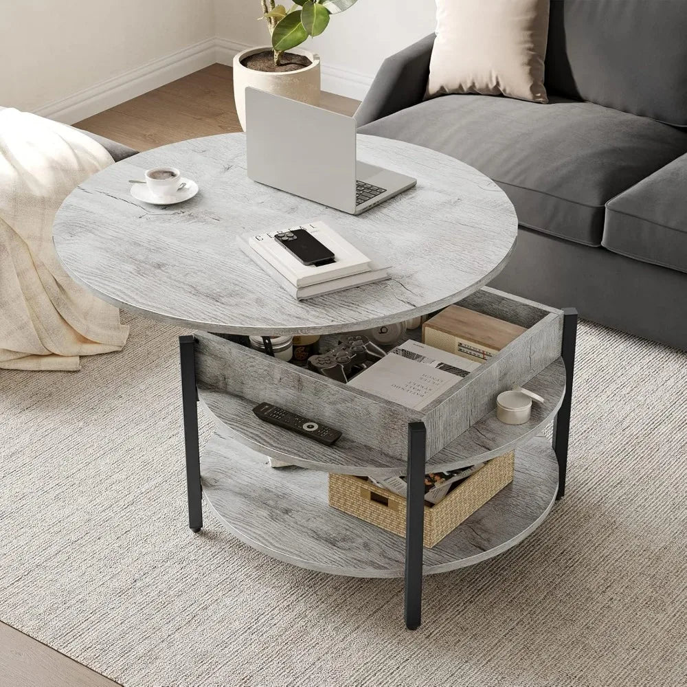 Round Lift Top Coffee Table With Storage Farmhouse 2 Tier