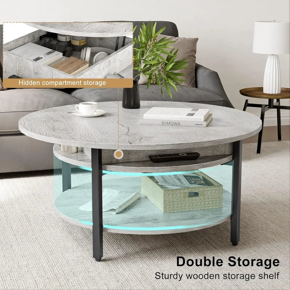 Round Lift Top Coffee Table With Storage Farmhouse 2 Tier