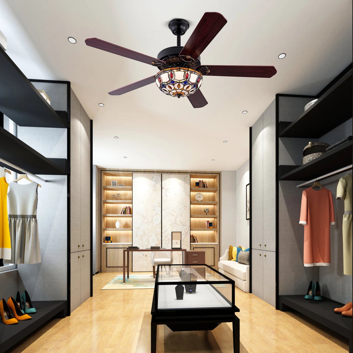 Bymaocar Tiffany Ceiling Fan With Remote Control Three Lights