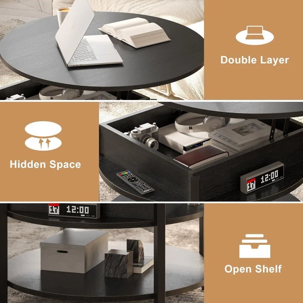 Round Lift Top Coffee Table With Storage And Hidden Compartment