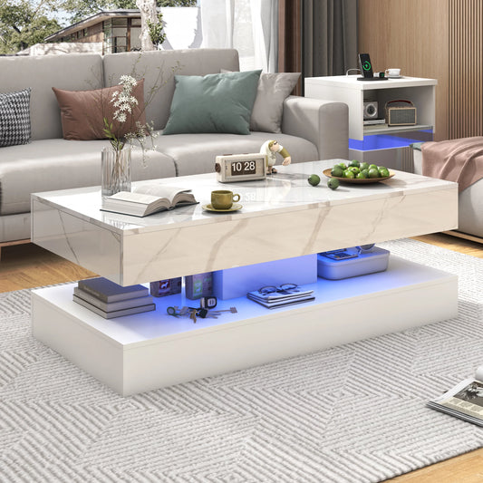 QiaoShiRen Modern LED Coffee Table Double Storage Drawers