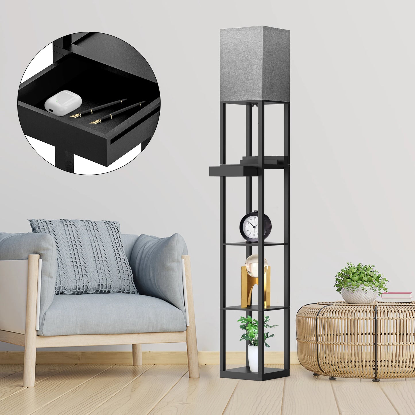 Hign Concerned Floor Lamp With Shelves USB Ports Drawer