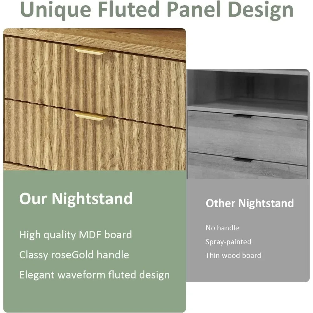 ANGDUO Fluted Nightstands Set Of 2 Wooden Bedside Tables
