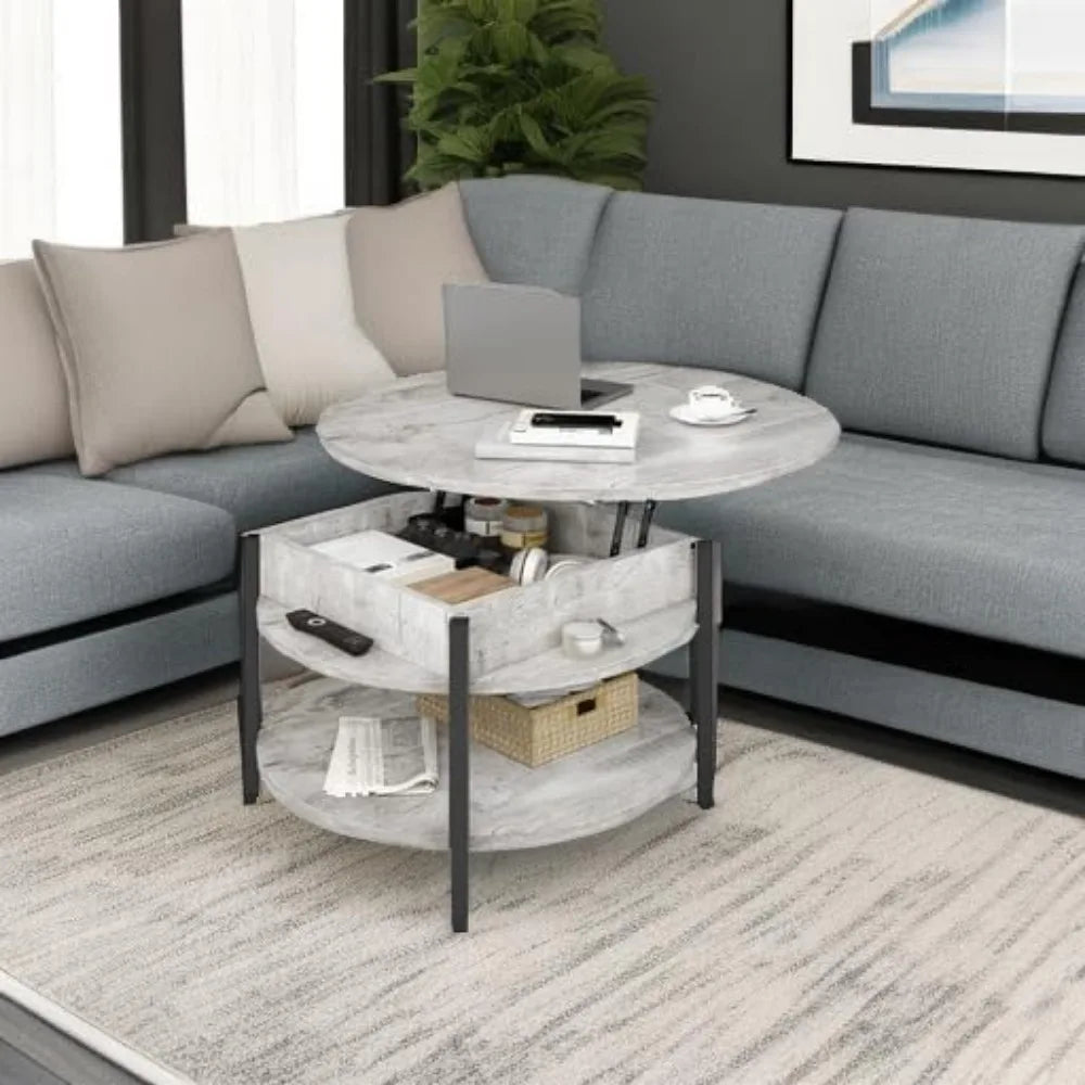 Round Lift Top Coffee Table With Storage Farmhouse 2 Tier