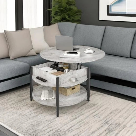 Round Lift Top Coffee Table With Storage Farmhouse 2 Tier