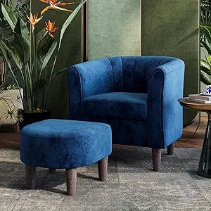 Mid Century Modern Chenille Barrel Chair With Ottoman