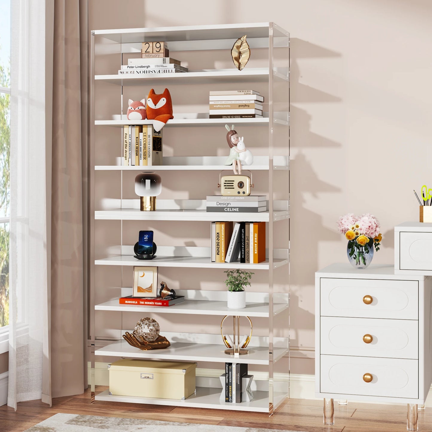 Tribesigns Acrylic Bookshelf With Wood Shelves Display