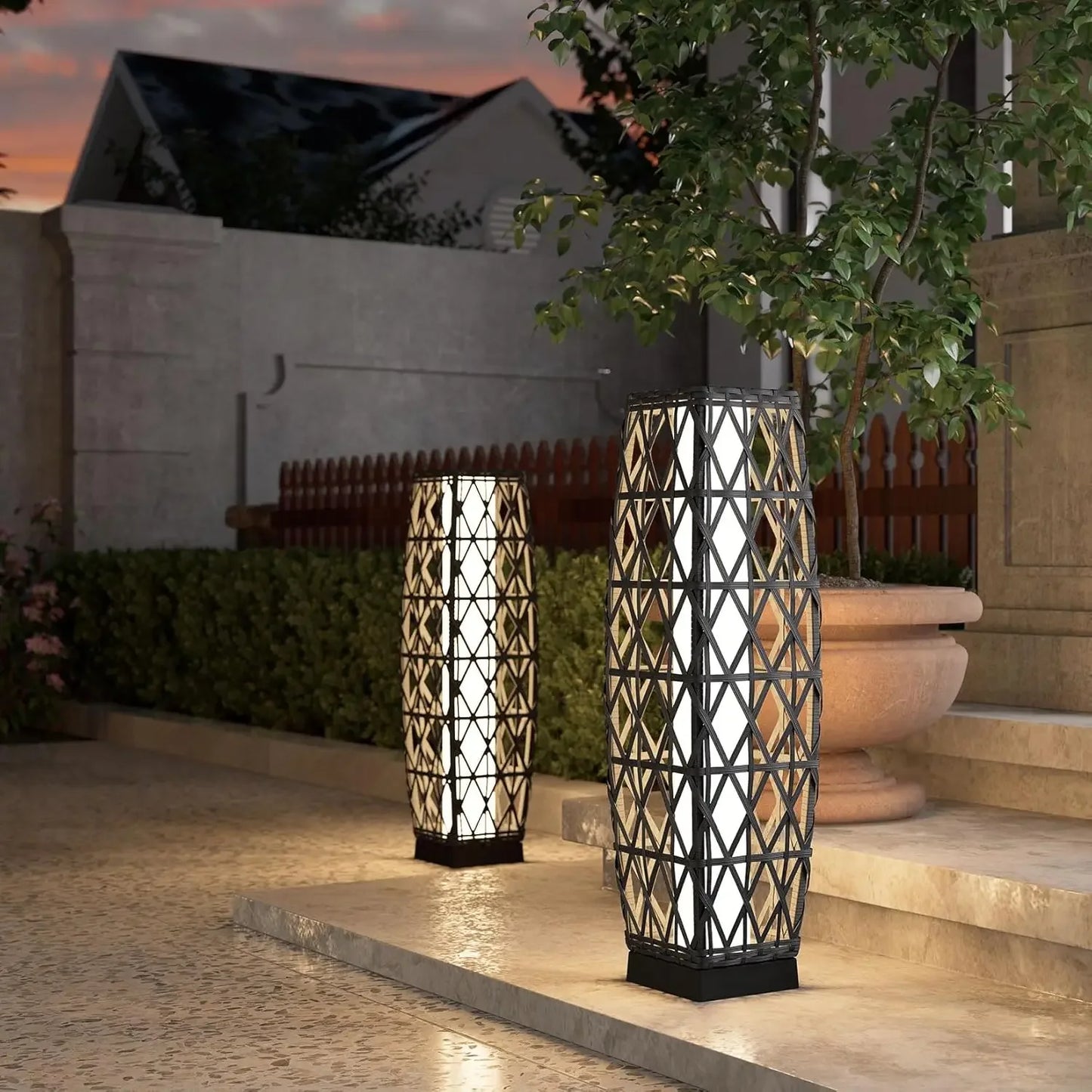 Cindy Outdoor Solar Powered Woven Wicker Lantern Floor Lamp