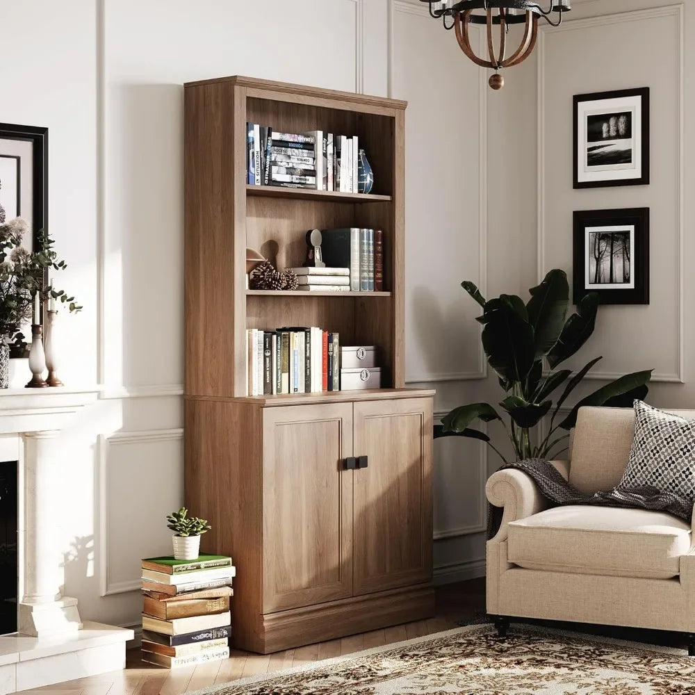 Oak Wood Freestanding Bookcase With Adjustable Shelves