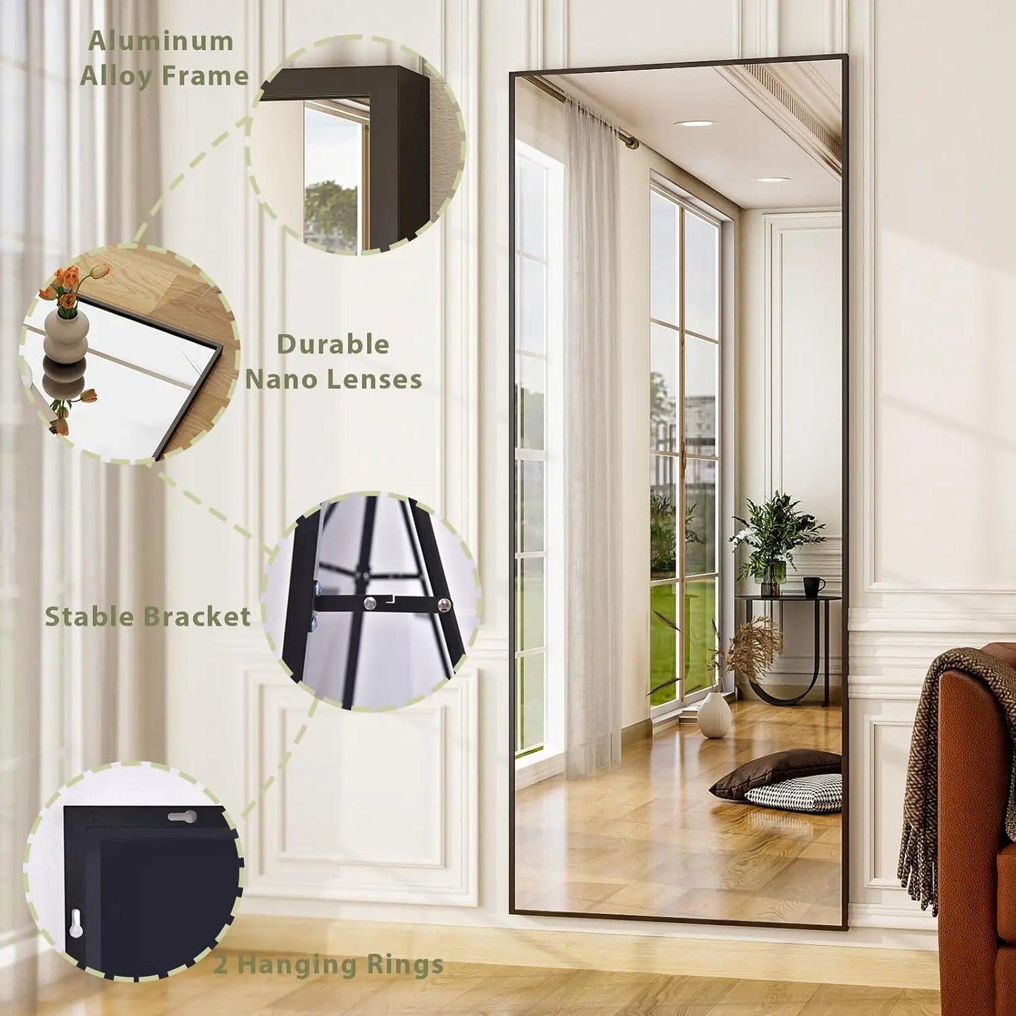 XRAMFY Floor Mirror Aluminum Frame Free Standing