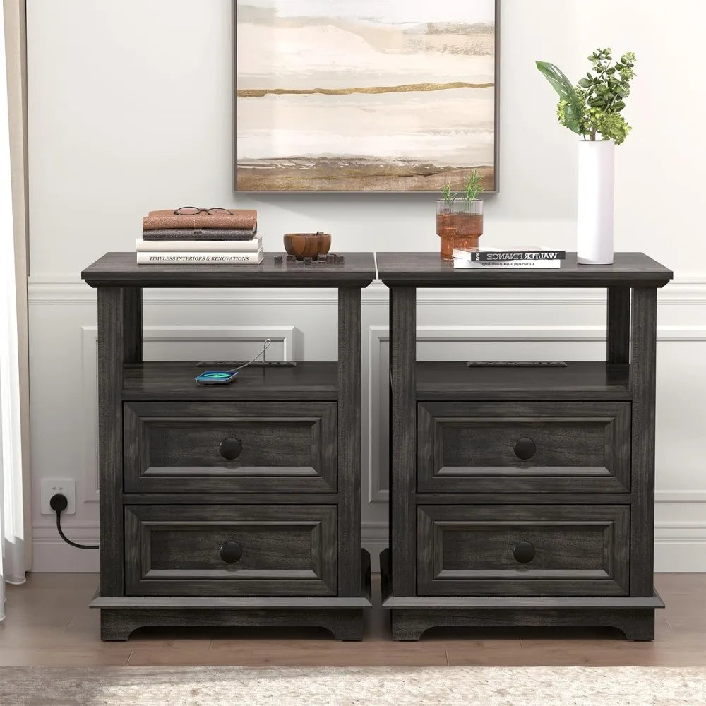 HUANZHUANG End Tables Set 2 With Drawers And Fast Charge