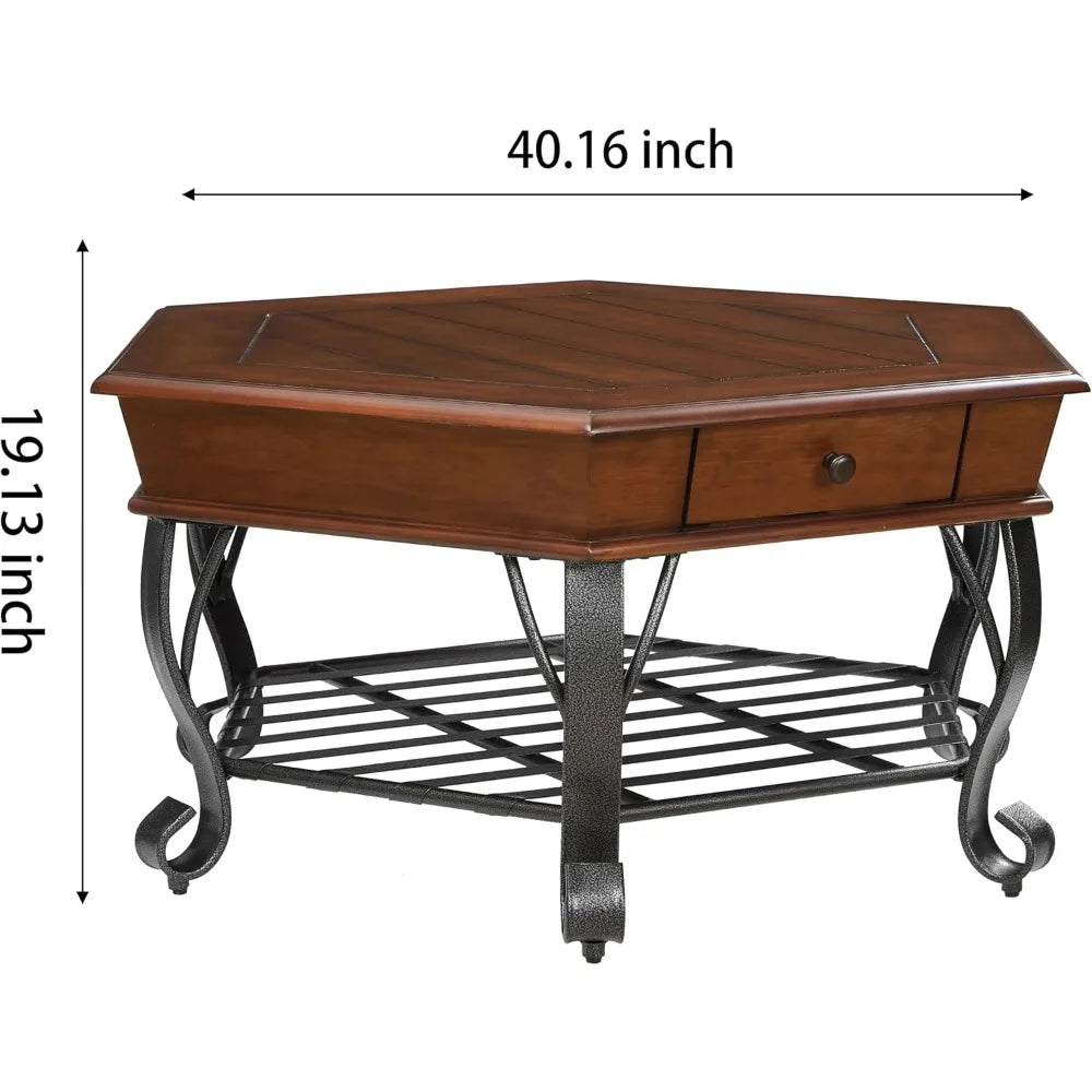Guangbai 2 Tier Hexagon Wood Coffee Table With Metal Legs