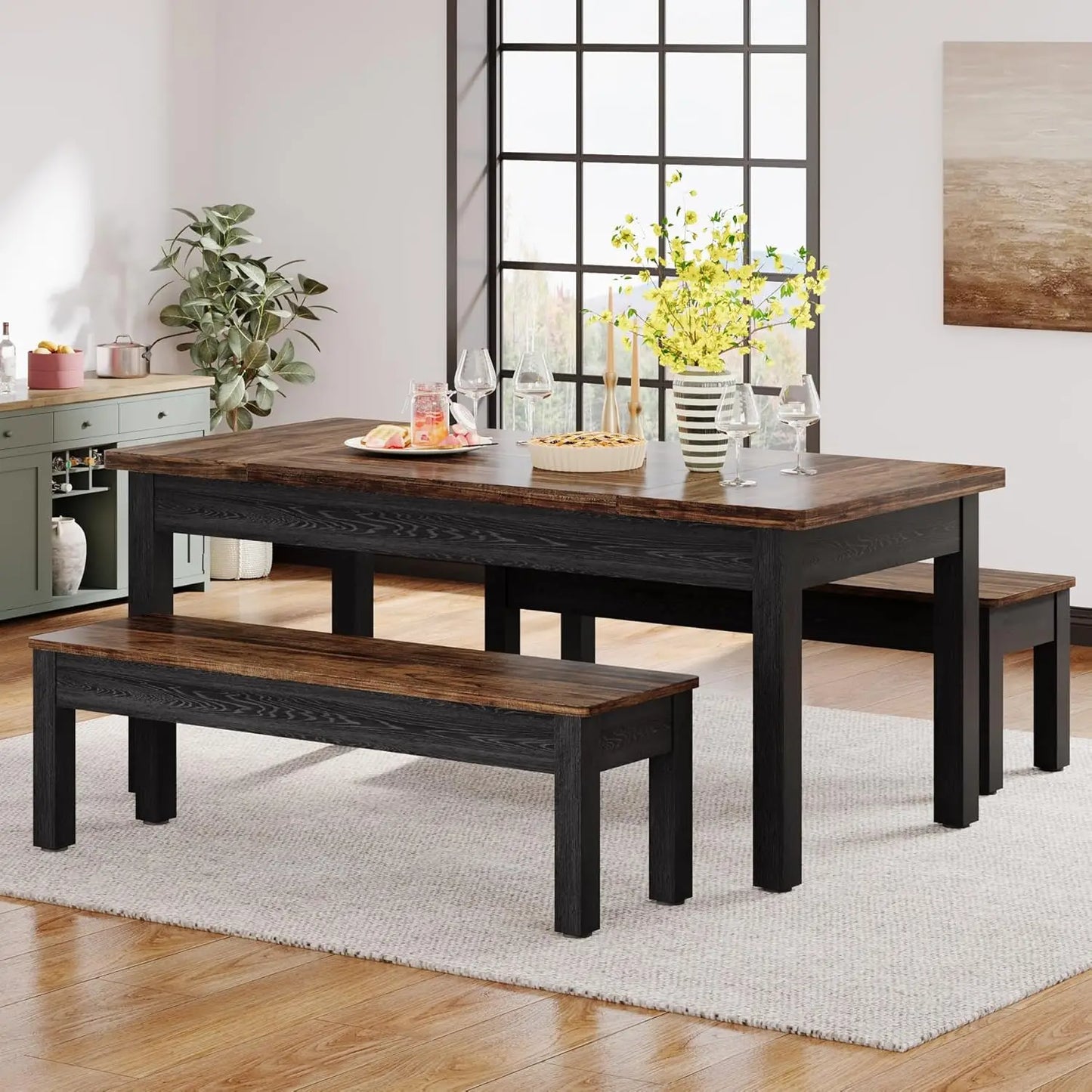 LITTLE TREE Farmhouse Dining Table Set With Benches
