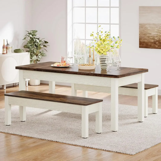 LITTLE TREE Farmhouse Dining Table Set With Benches