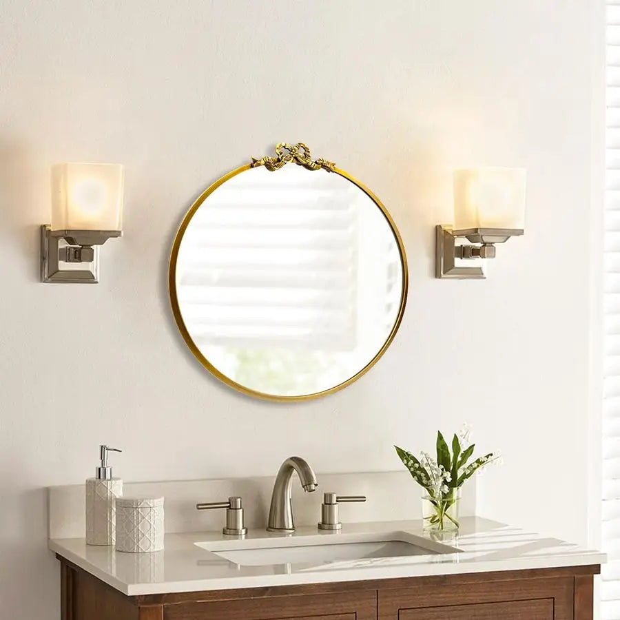 Round Gold Bow Mirror 20inch Metal Bathroom Vanity Wall Mirrors Decorative Antique Ornate Circle Mirror, Baroque Home Bow Decor