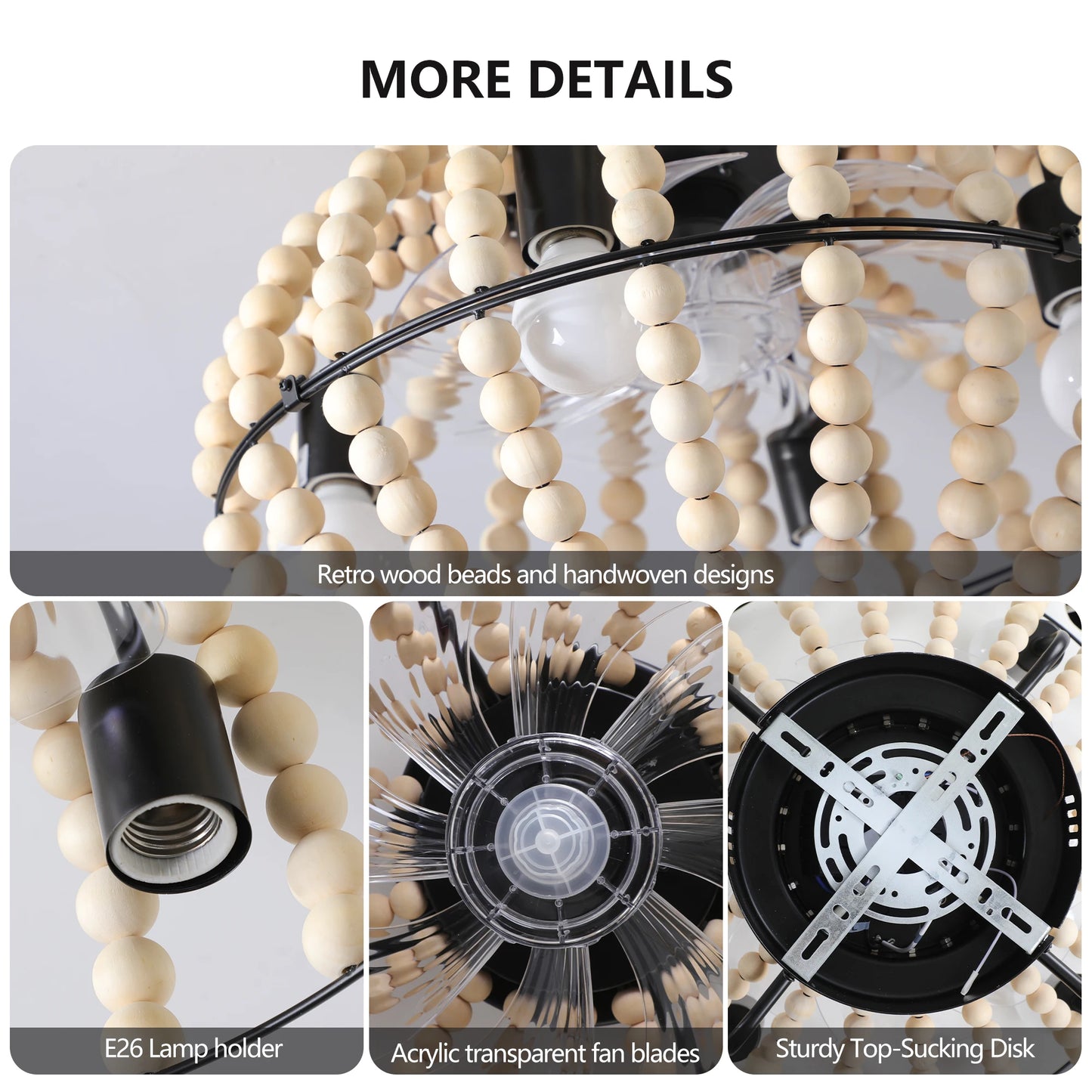 ARLGSITE Handmade Wood Bead Ceiling Fan Light Farmhouse