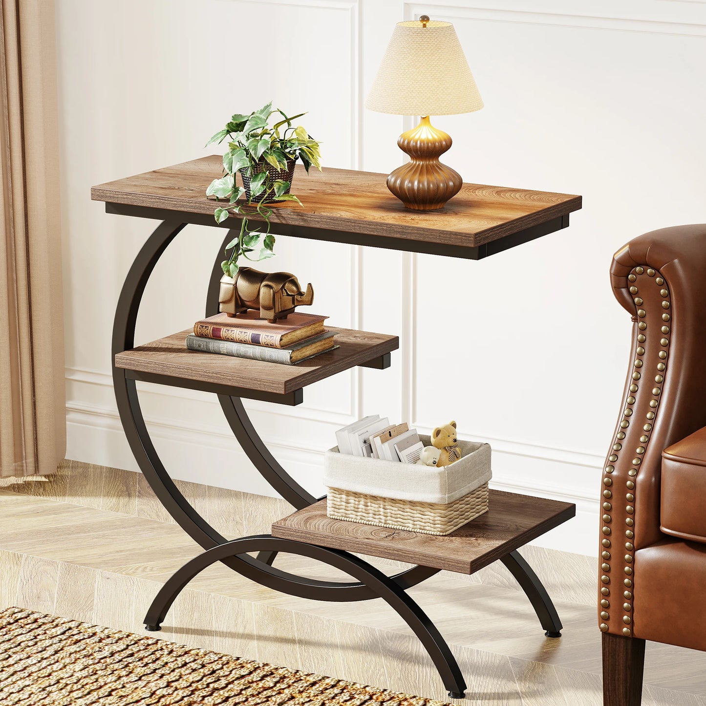 Tribesigns C Shaped End Table Industrial 3 Tier Sofa Table