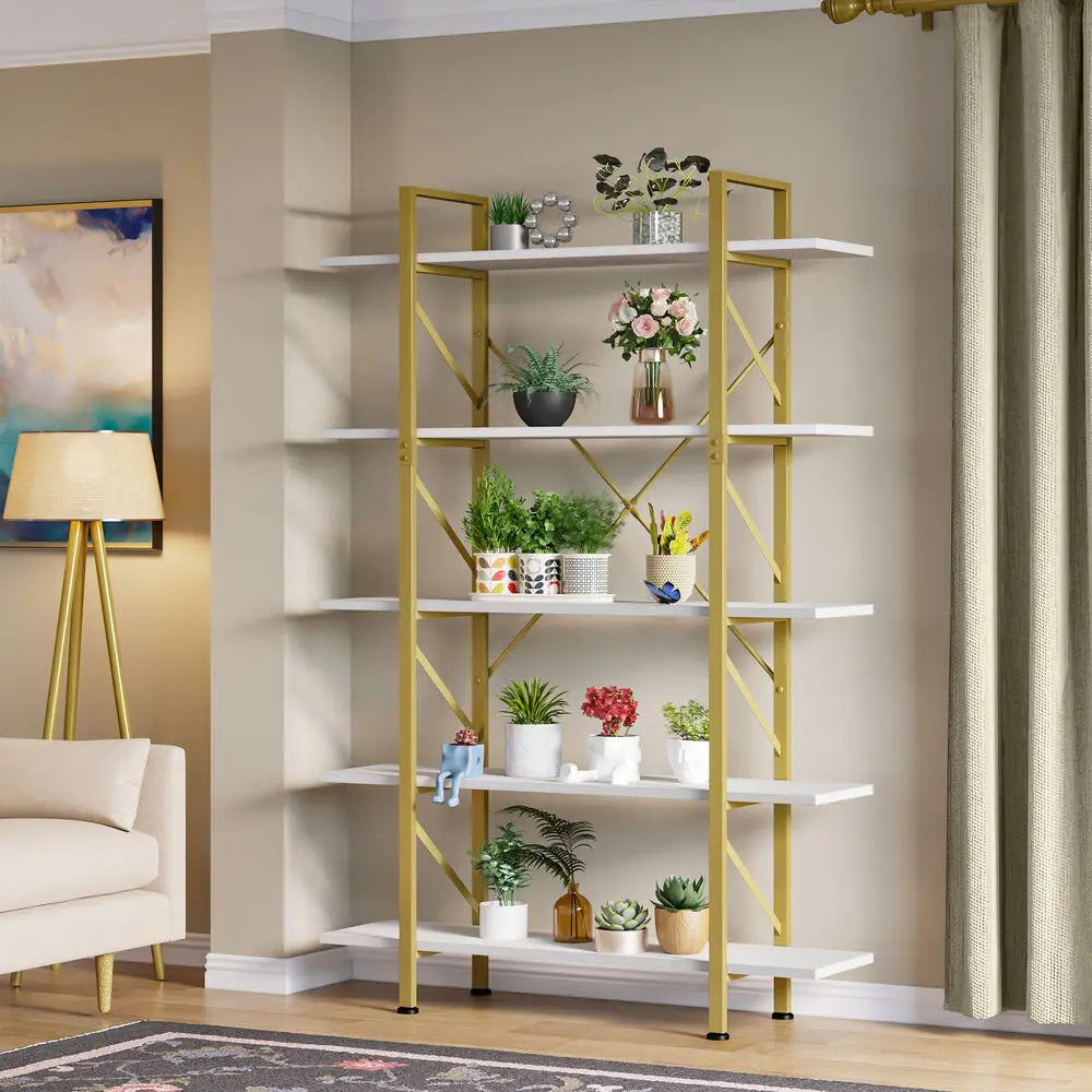 5-Tier Open Bookshelf Etagere Modern MDF Metal Storage Rack