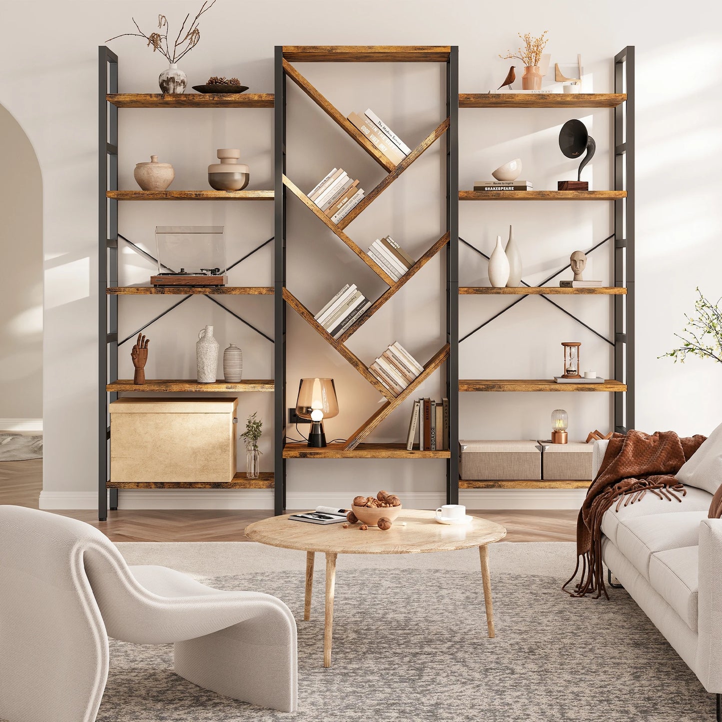 Finishes 5 Tier Triple Bookshelf Modern Tree Wood Bookcase