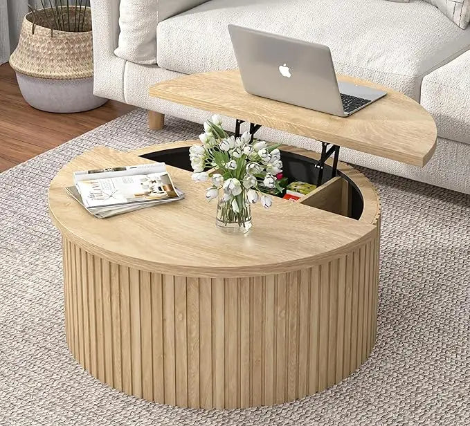 Farmhouse Round Fluted Lift Top Coffee Table With Storage