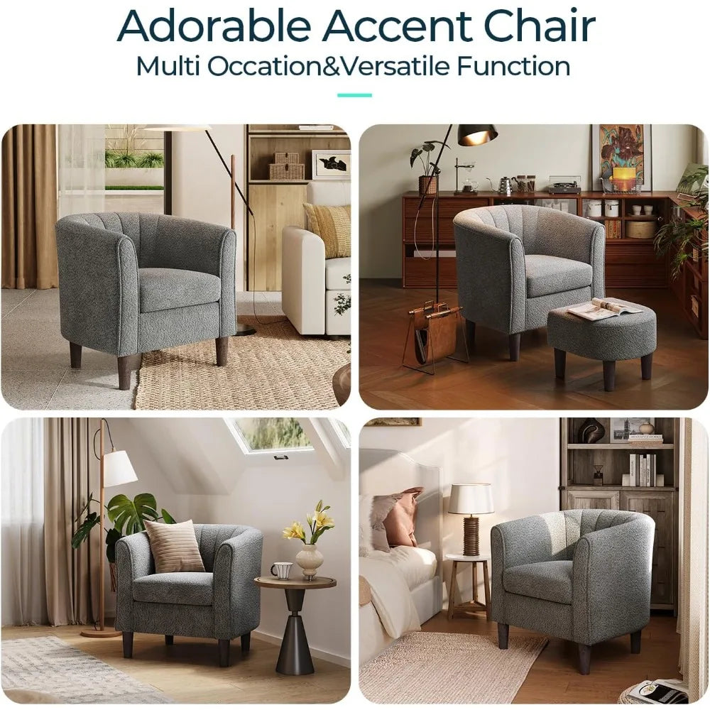 Mid Century Modern Chenille Barrel Chair With Ottoman