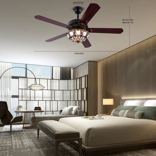 Bymaocar Tiffany Ceiling Fan With Remote Control Three Lights