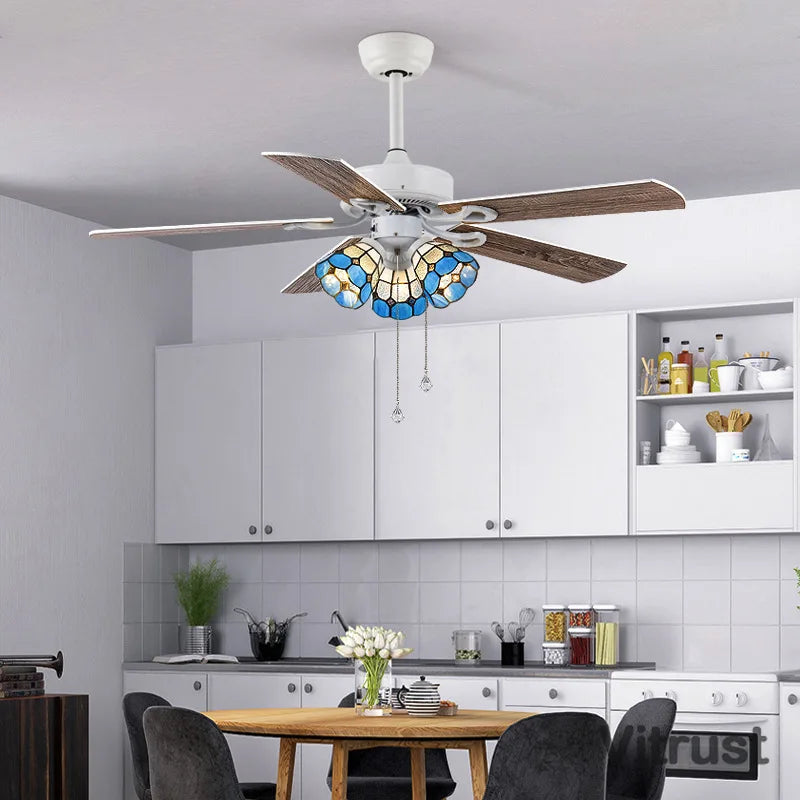 VITRUST Scandinavian Style Ceiling Fan Lamp With Tiffany Glass Shade