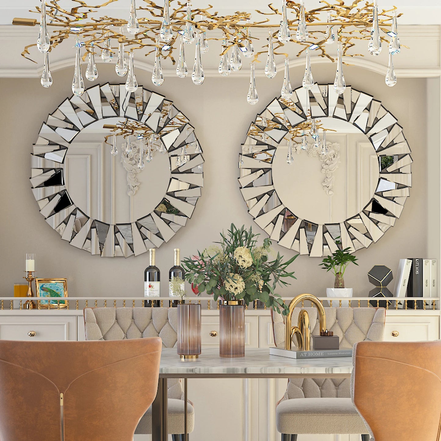 Wisfor Sunburst Round Wall Mirror Modern Beveled Glass