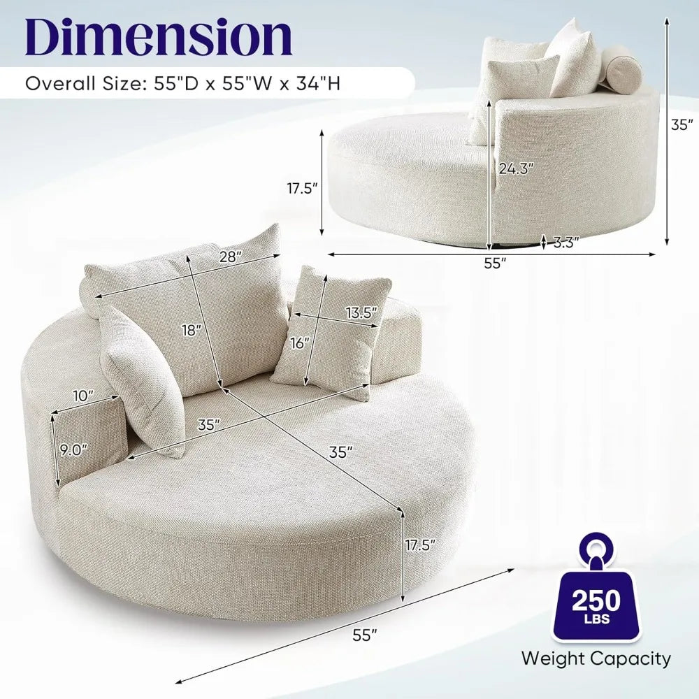 Oversized Round Swivel Chaise Longue Indoor Upholstered Chenille Deep Seat