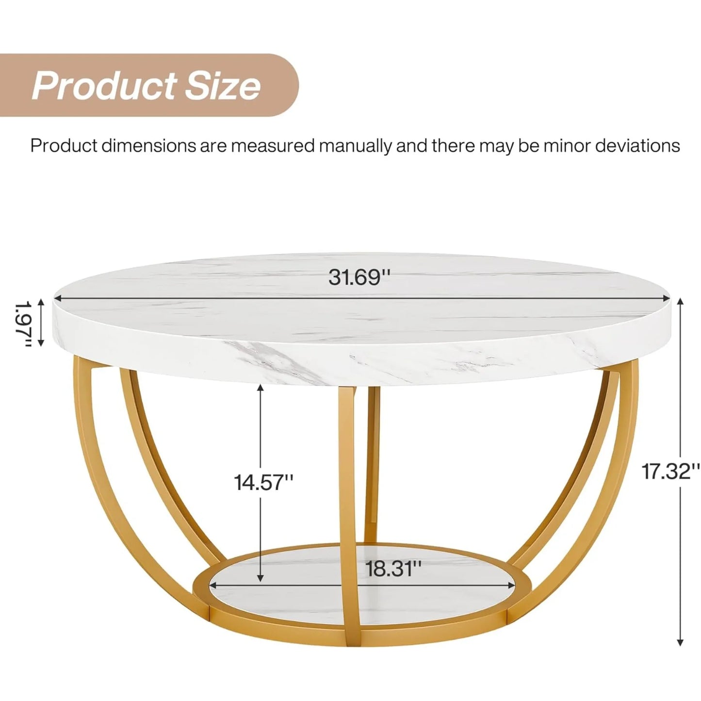 Hign-concerned Faux White Marble Two-Tier Coffee Table With Metal Legs