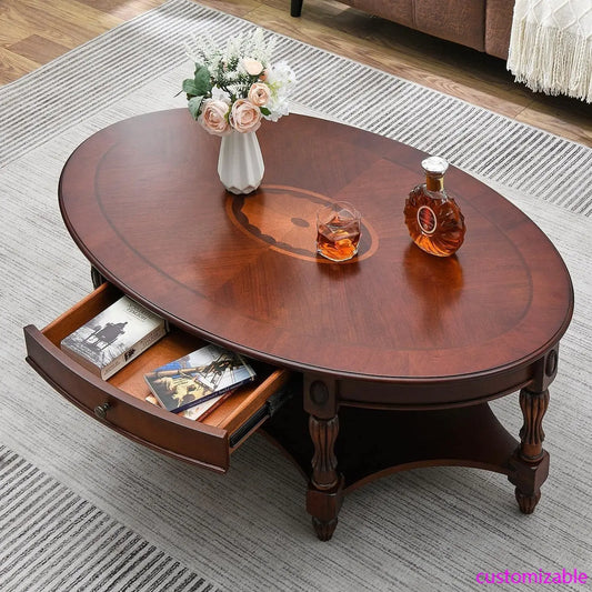 XMSJ Oval Coffee Table Cherry Solid Wood With Storage Drawer