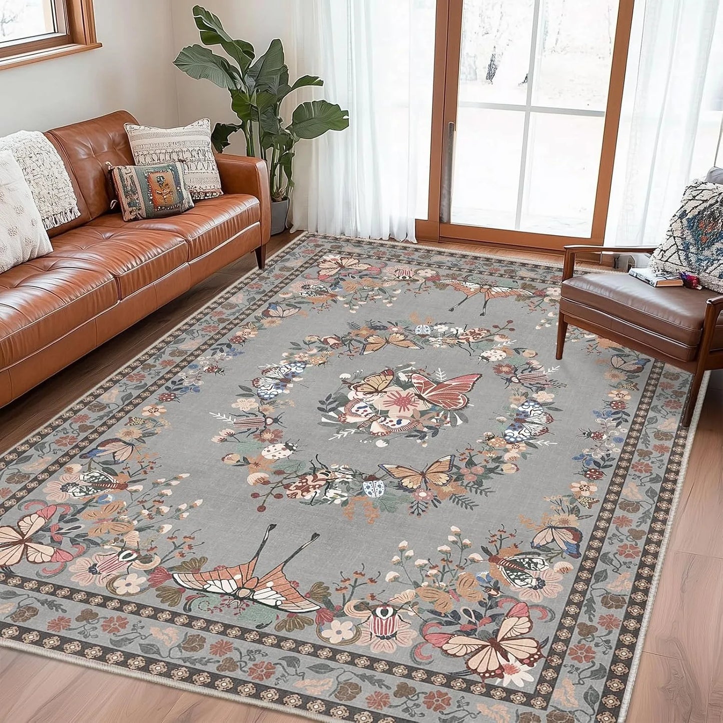 Vintage Living Room Butterfly Floral Area Rug Non Slip Soft Tapis
