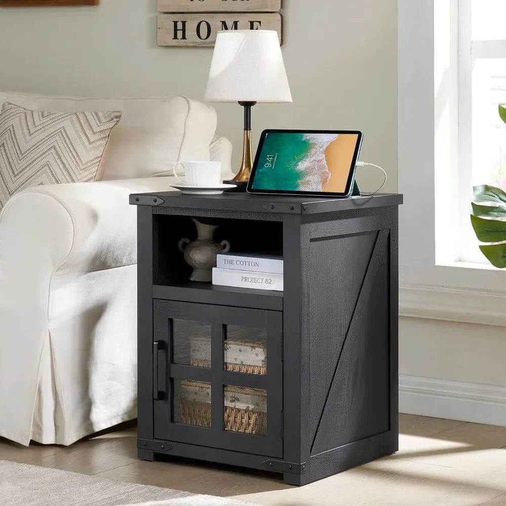 MKDK Farmhouse Nightstand With Charging Station Rustic