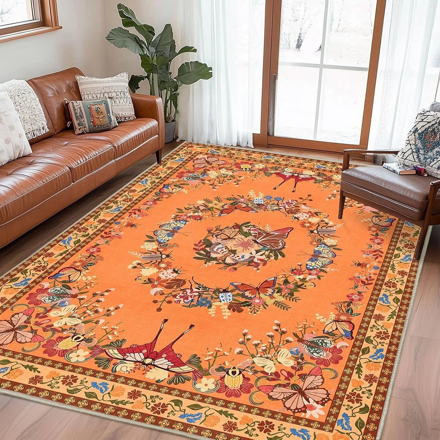 Vintage Living Room Butterfly Floral Area Rug Non Slip Soft Tapis