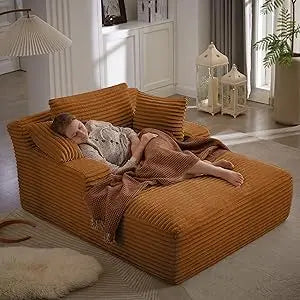 Oversized Corduroy Chaise Lounge Sleeper Sofa With Pillows