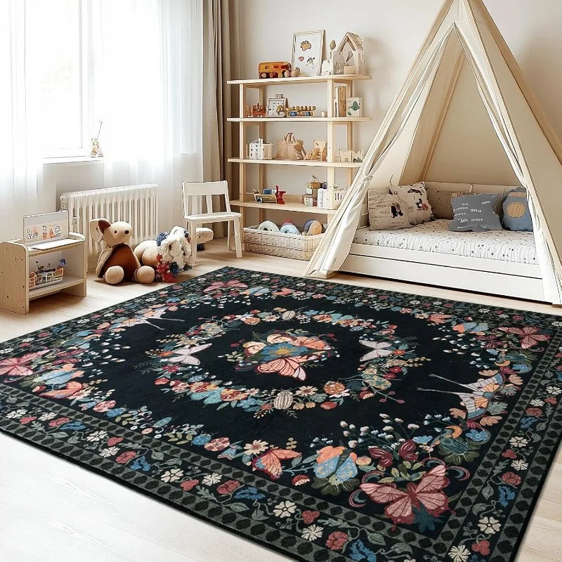 Vintage Living Room Butterfly Floral Area Rug Non Slip Soft Tapis