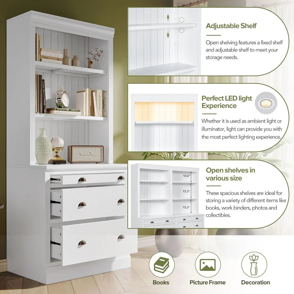 Modern Tall Bookcase With LED Lighting Drawers Shelves