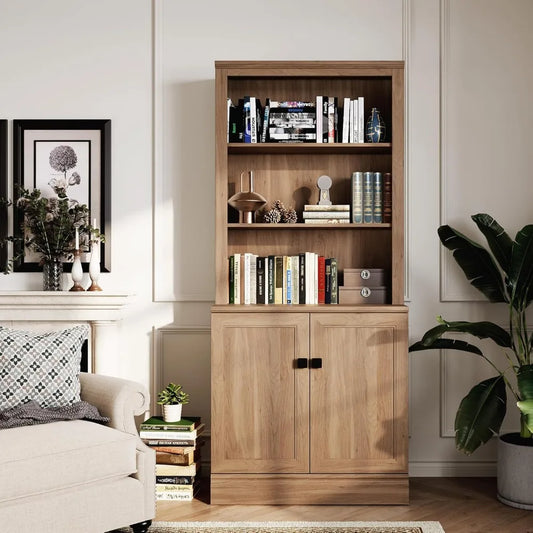 Oak Wood Freestanding Bookcase With Adjustable Shelves