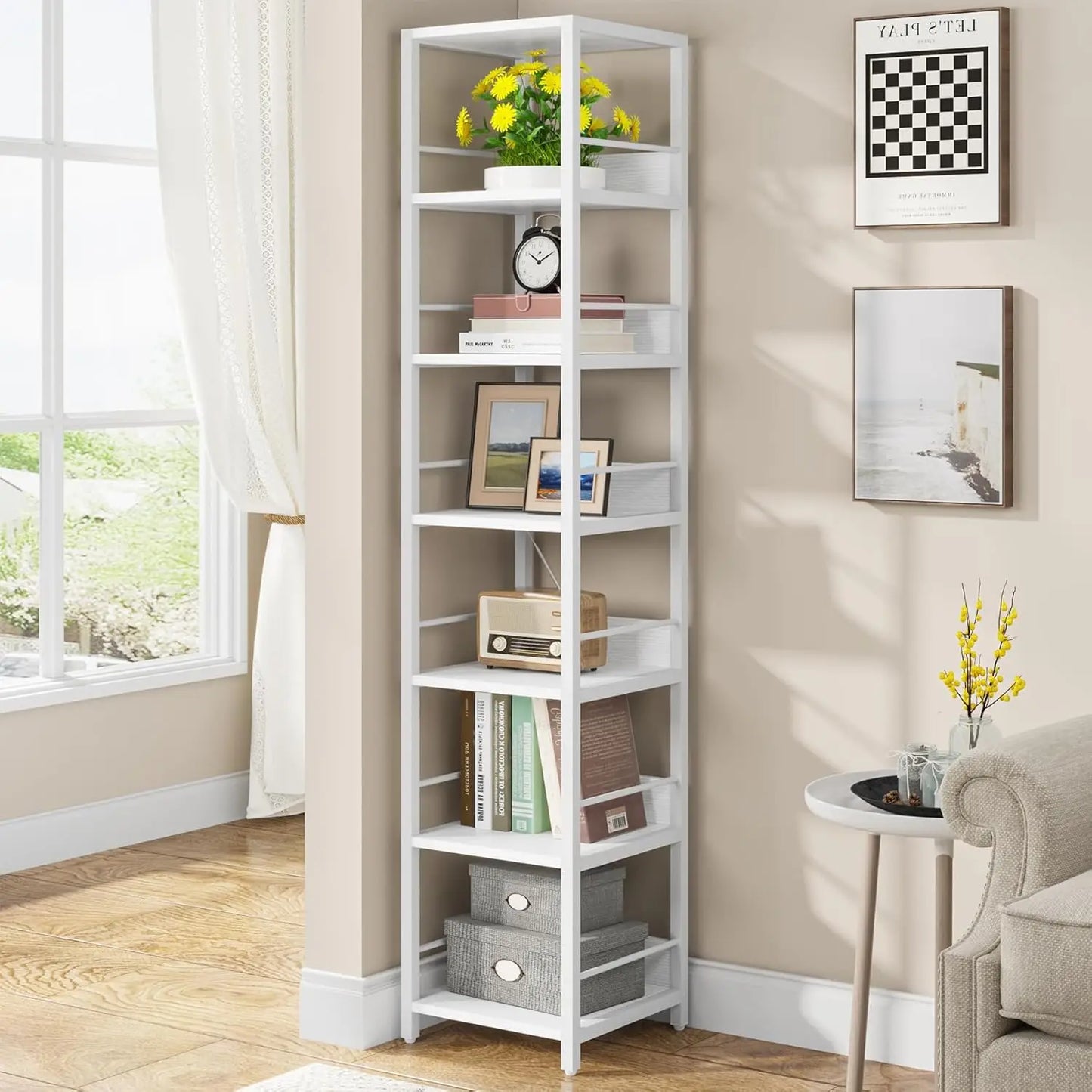 Little Tree Rustic Six Tier Corner Bookshelf Storage Rack