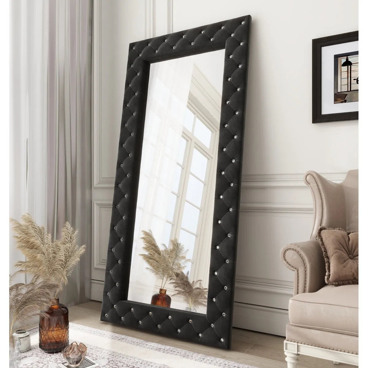 SHYFOY Black Rectangle Crystal Tufted 71" H Large Floor Mirror