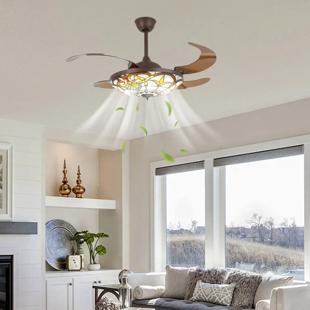 Bymaocar Tiffany Ceiling Fan With LED Light And Remote