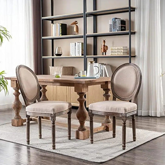 French Retro Fabric Dining Chairs Set Of Two Linen Upholstery