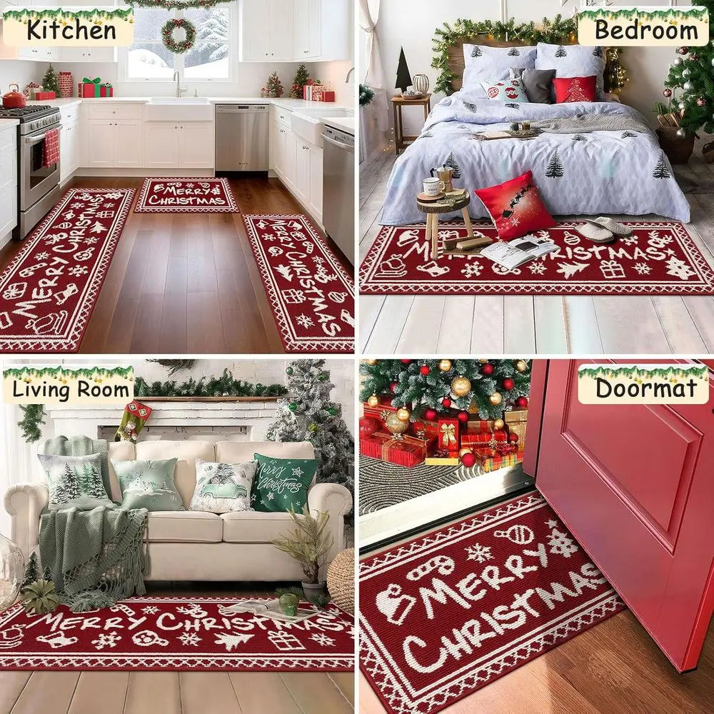 High-concerned Christmas Kitchen Rug Set Non-Skid Farmhouse