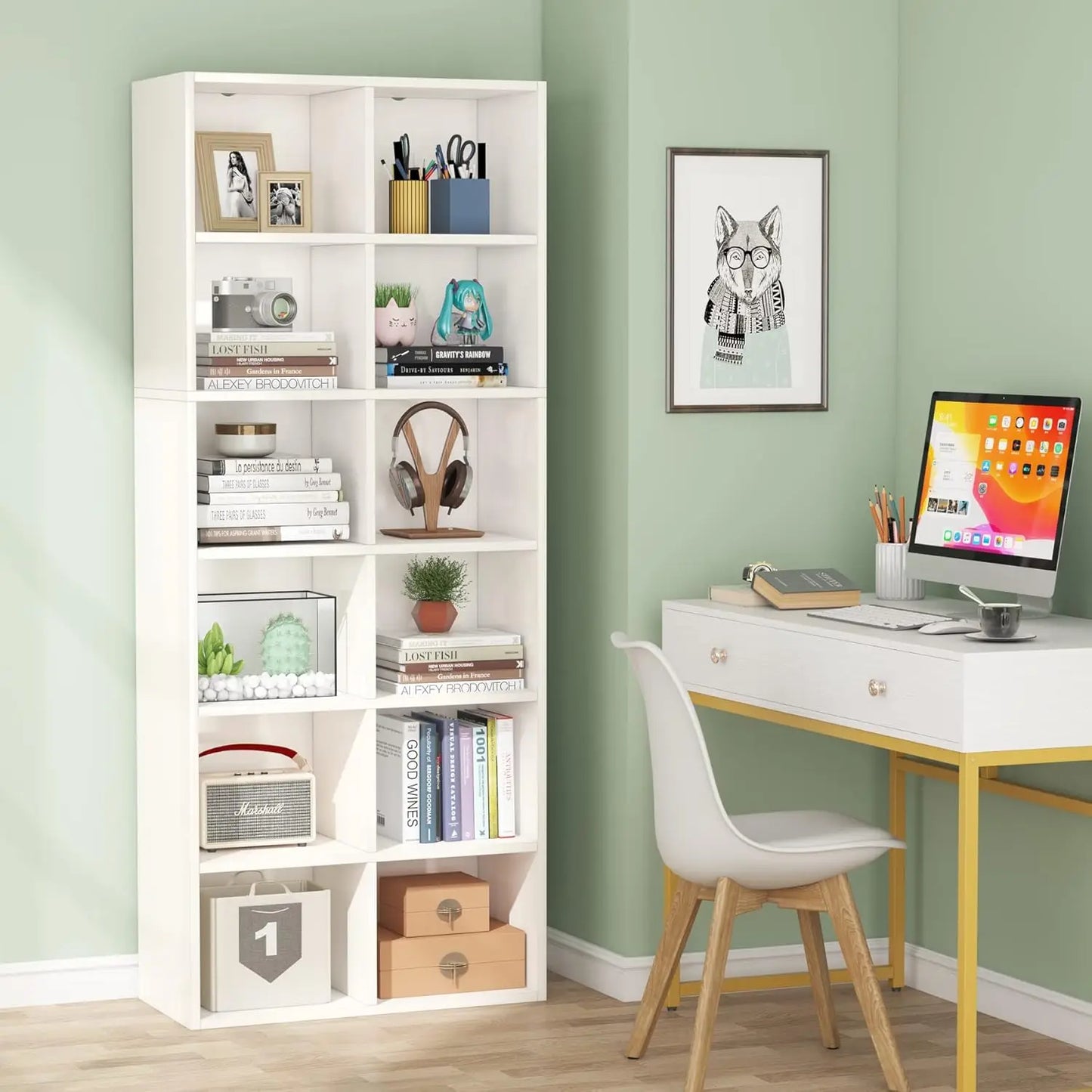 Little Tree Modern Narrow Bookcase 12 Cube Storage Unit