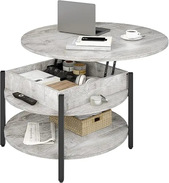 Round Lift Top Coffee Table With Storage Farmhouse 2 Tier