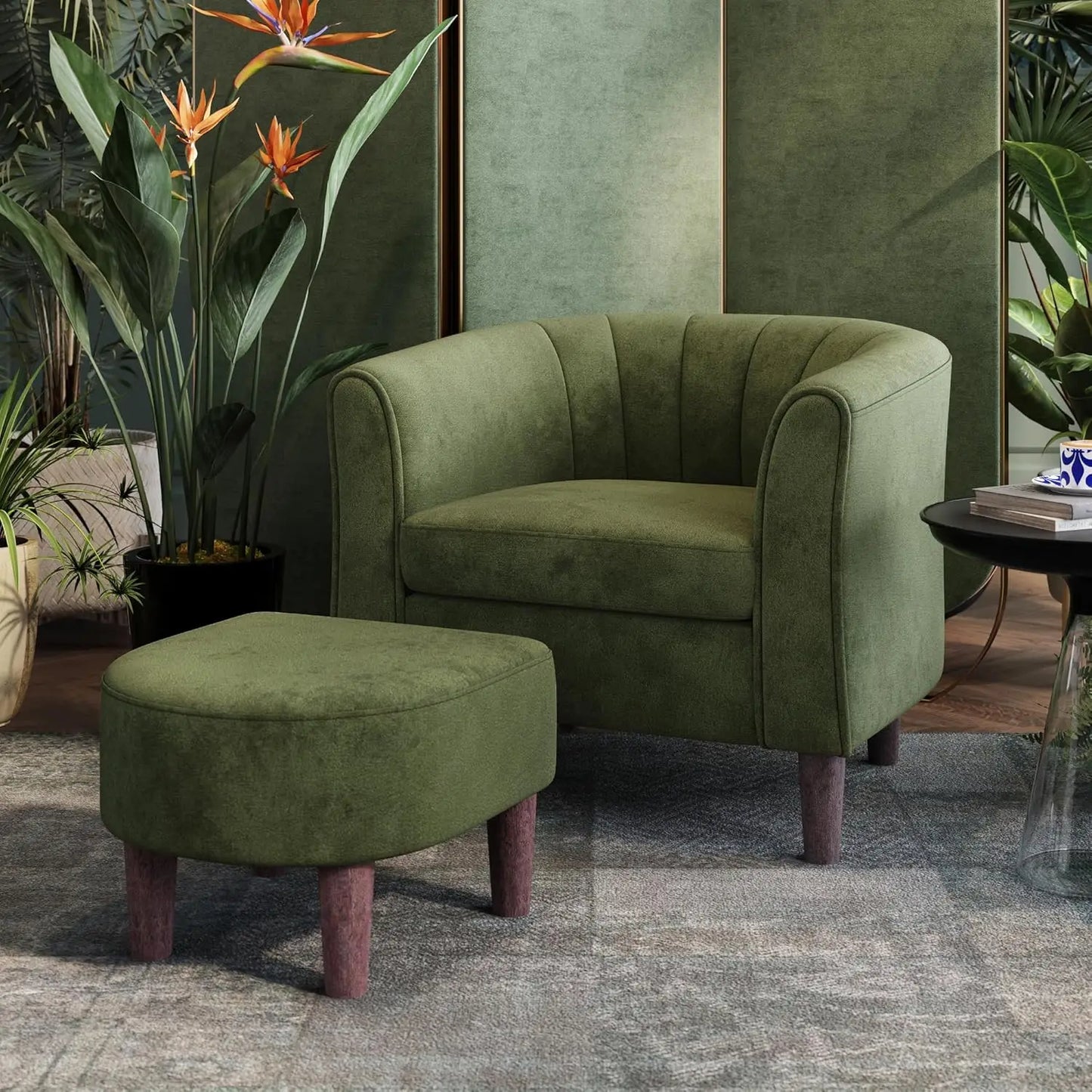 Mid Century Modern Chenille Barrel Chair With Ottoman